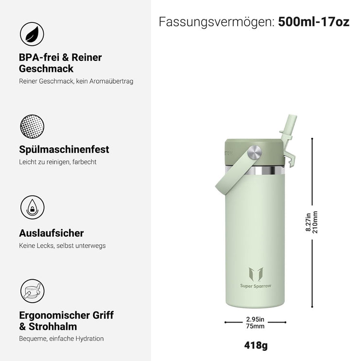 Super Sparrow Trinkflasche Edelstahl 500ml - Weiter Öffnung SwivelSip Thermosflasche mit Strohhalm -