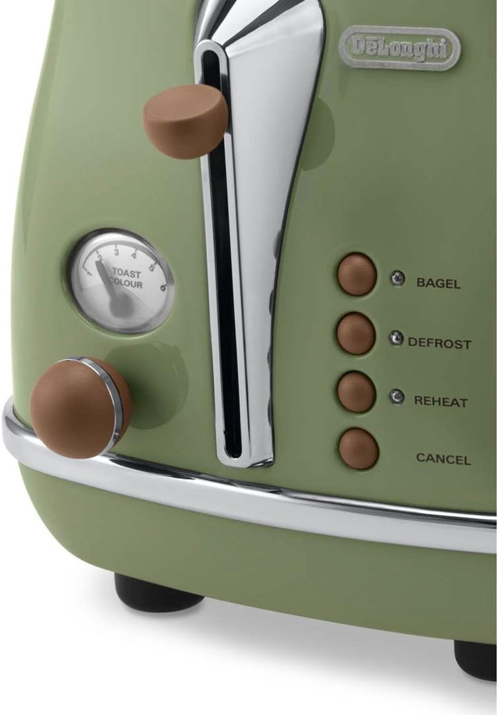 De'Longhi Toaster Icona Vintage CTOV2103.GR - 2-Schlitz-Toaster mit Brötchenaufsatz, Edelstahl in el