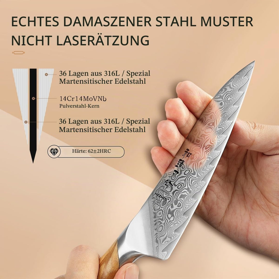 HEZHEN Damast Allzweckmesser, Damastmesser Küchenmesser, Damaskus Stahl Universalmesser, Full Tang G
