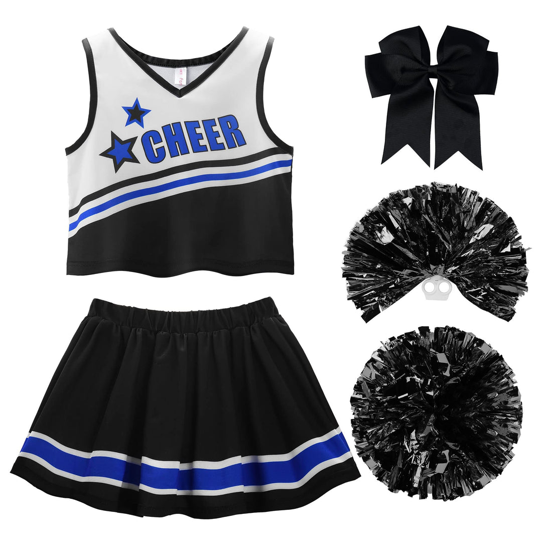 ReliBeauty Cheerleader Kostüm Kinder Kleid mit Pompoms und Kopfschmuck Schwarz 3-4 Jahre (Etikett 10