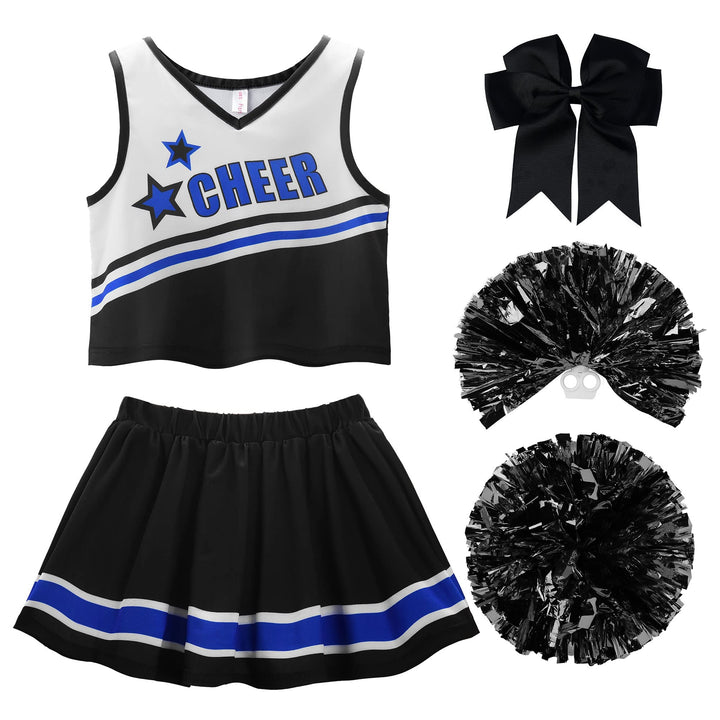 ReliBeauty Cheerleader Kostüm Kinder Kleid mit Pompoms und Kopfschmuck Schwarz 3-4 Jahre (Etikett 10