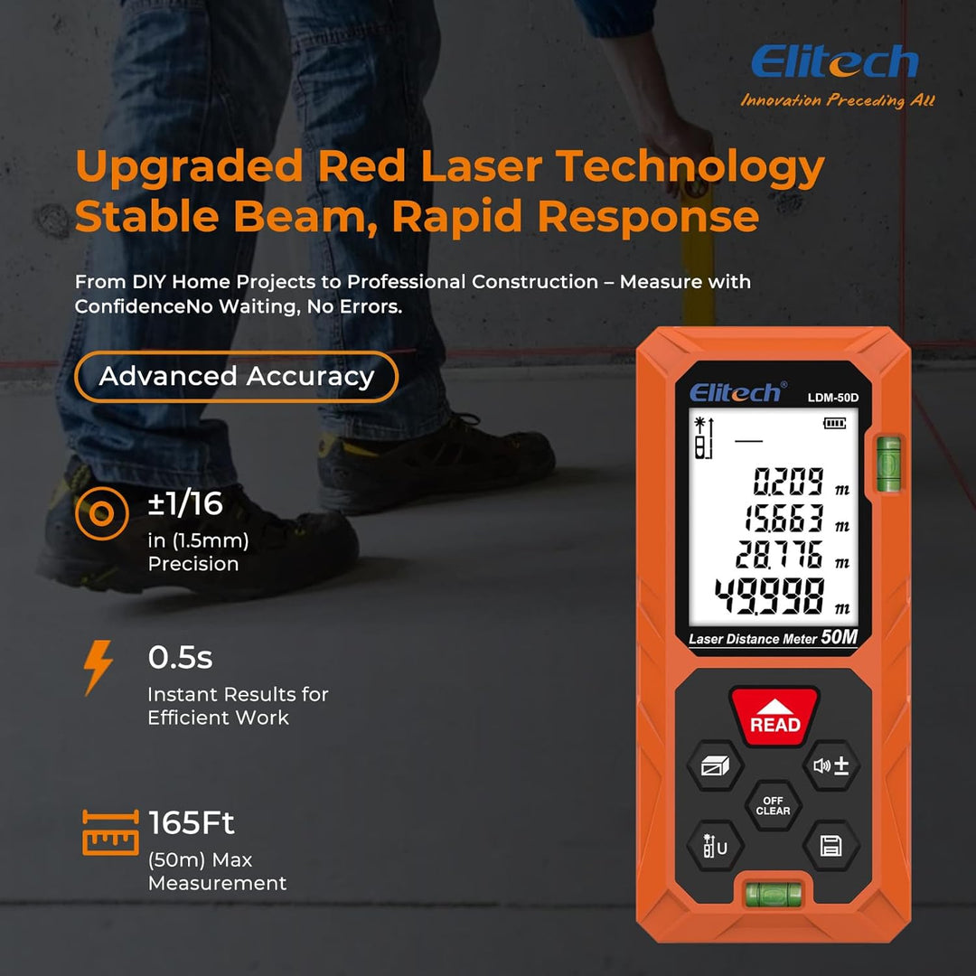 Elitech LDM-50-Series Laser Entfernungsmesser 50m Reichweite, ±2mm Genauigkeit, Flächen-/Volumen-/Py