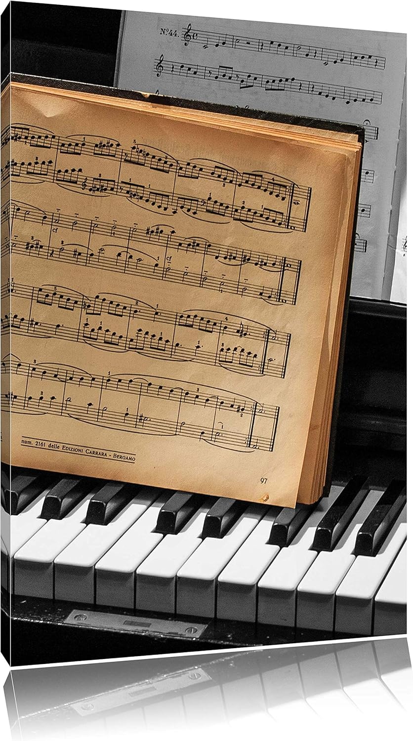 Pixxprint antikes Notenbuch auf Piano schwarz/weiss, Format: 70x100 auf hochkantiges Leinwand, XXL r