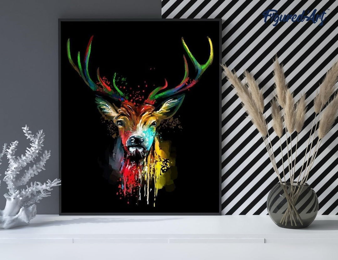 Figured'Art Malen Nach Zahlen Erwachsene Mit Rahmen Hirsch in Farbe - Paint by Numbers Basteln DIY B