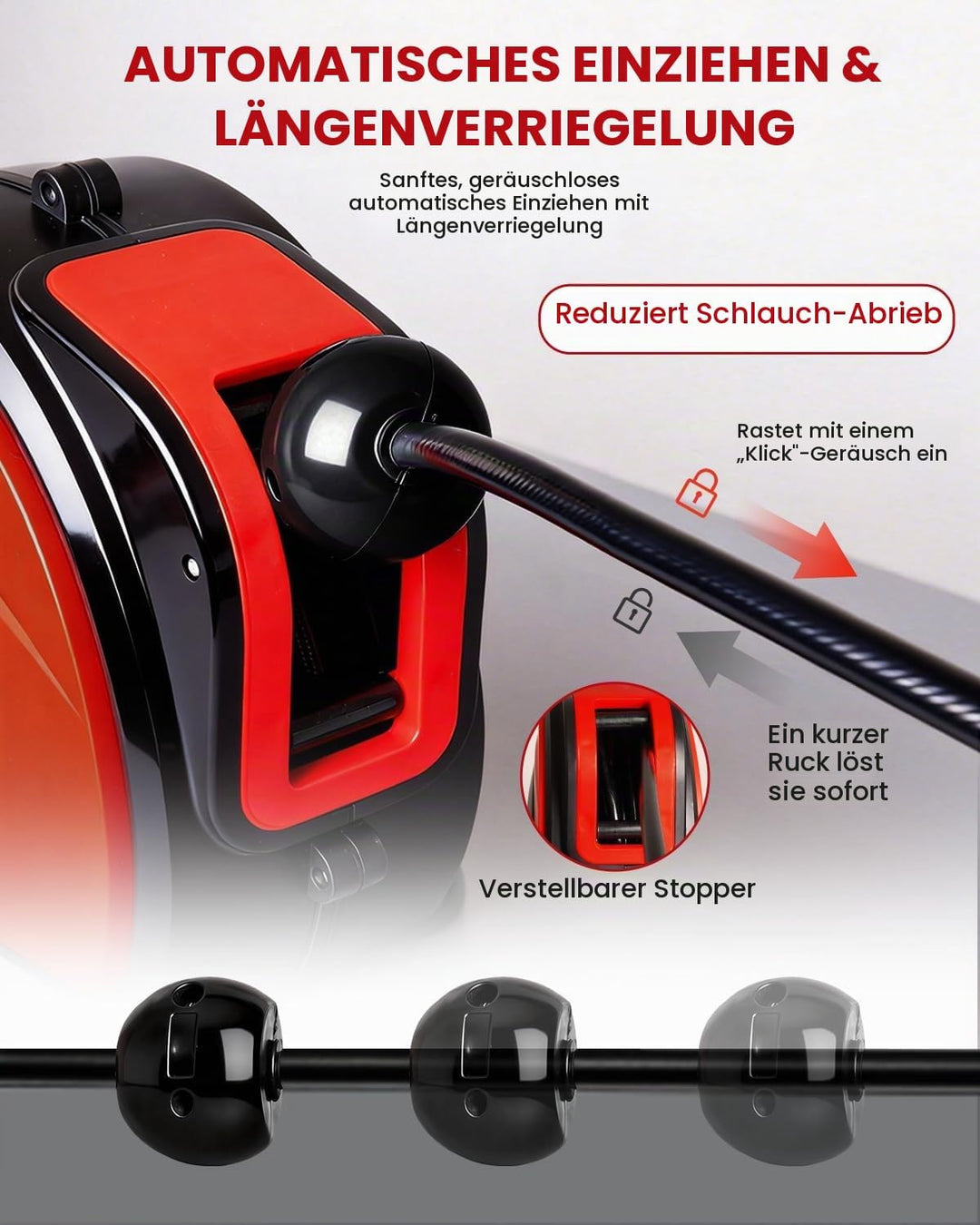 INCENDIOS Automatische Druckluftschlauchtrommel 15m, 3/8" Anschluss inkl. 1/4" Adapter, 20 BAR Druck