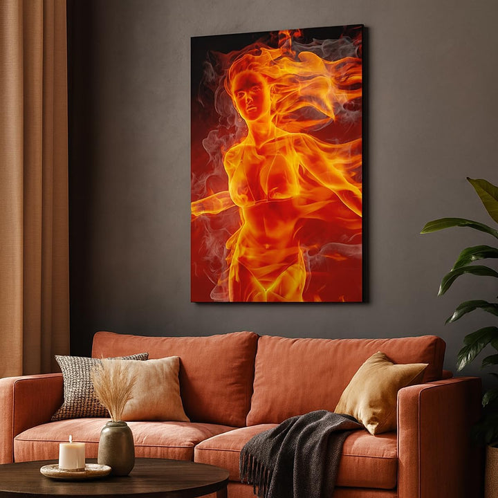 Bilder auf Leinwand 55x100cm Leinwandbild mit Rahmen Frau Flammen Illustration Gross Wanddeko Bild S