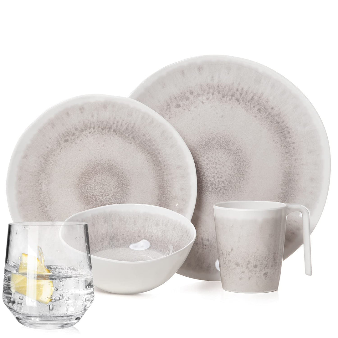 Melamin Camping Geschirr Set 4 Personen Amboss Design 16 Teilig + Milano Gläser Wassergläser Tafelge