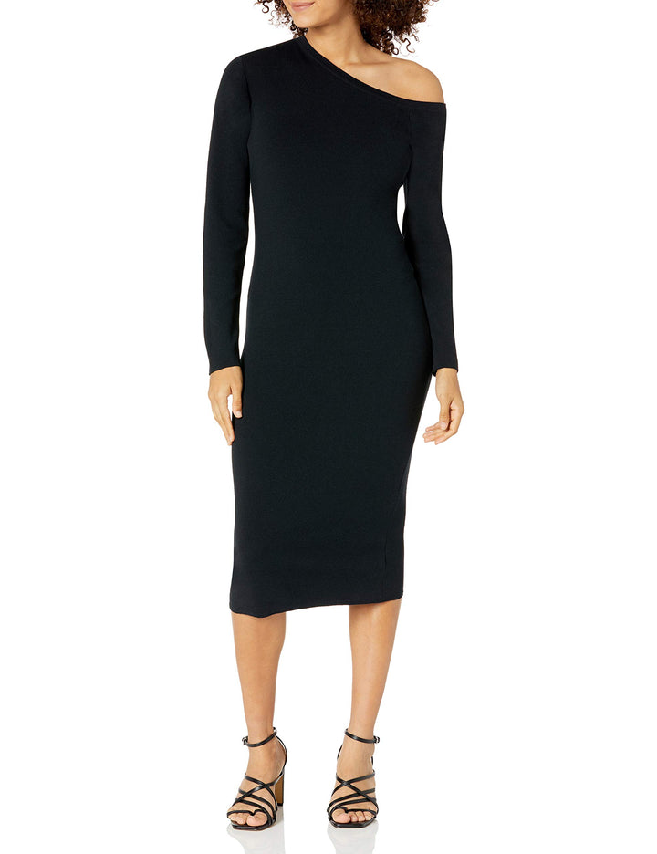 The Drop Damen Giselle Midi-Sweatkleid, Asymmetrischer Ausschnitt Dress M Schwarz, M Schwarz