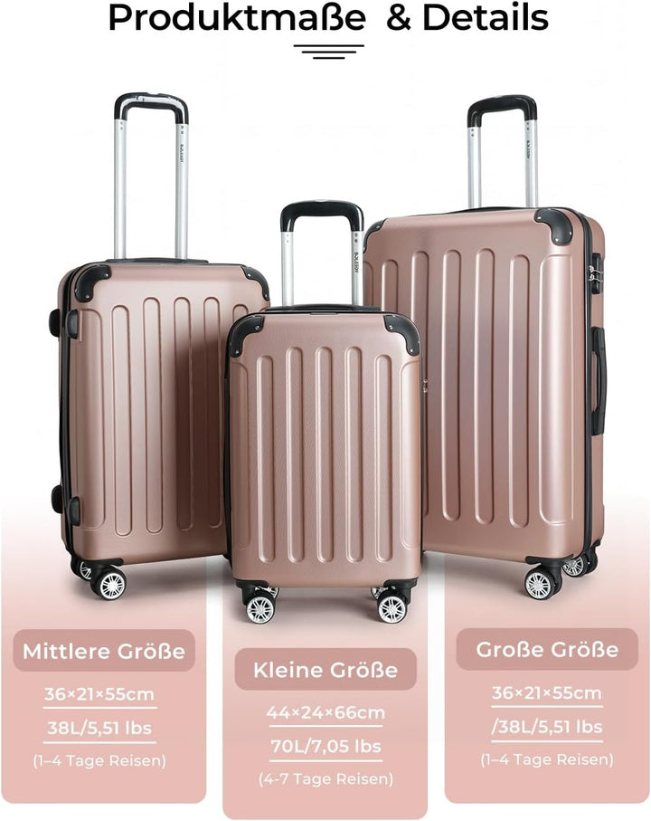 3tlg Kofferset, Trolley Koffer Reisekofferset, (55/66/76CM), Handgepäck Koffer, 360°drehbare Hartsch