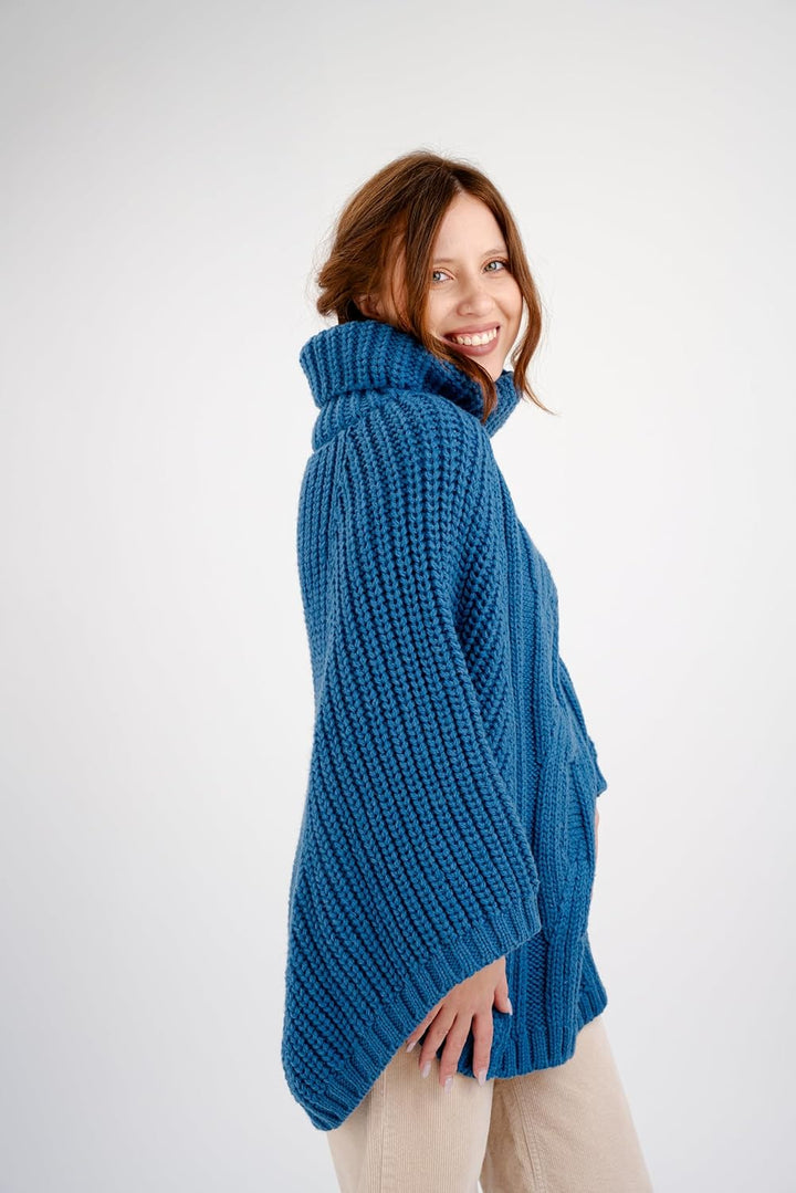 SAOL Damen Poncho aus 100% Merinowolle mit Zopfmuster für Damen Einheitsgrösse Einheitsgrösse Blaugr