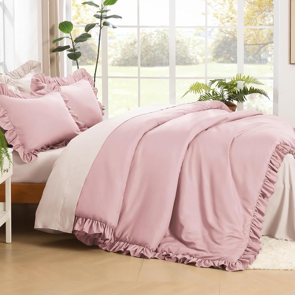AShanlan Kinder Bettwäsche 135x200cm Rosa mit Rüschen 2-teilig Microfaser Bettbezug Kopfkissenbezug