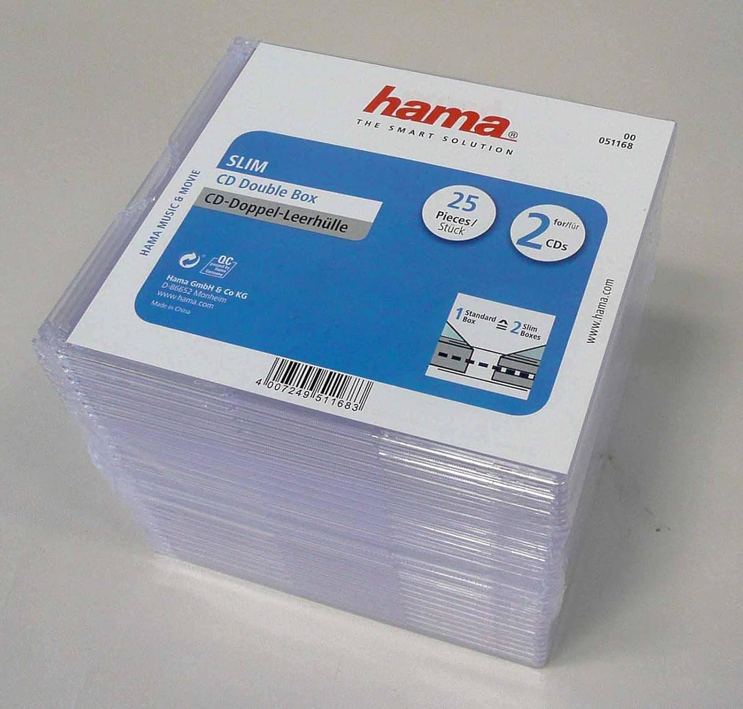 Hama CD-Doppelhüllen-Box im Super-Slim-Design für 50 CDs/DVDs/Blu-Rays, 25er-Pack, transparent Singl