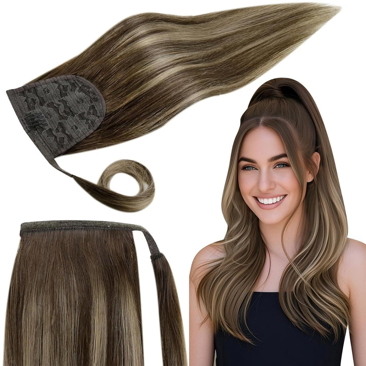 RUNATURE Extensions Echthaar Balayage Zopf Braun Blond 50cm 80g Lang Pferdeschwanz Ponytail Extensio