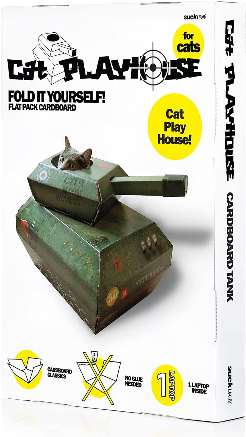 Suck UK Tank Katzenhaus aus Pappe, Kätzchenspielzeug und Katzenbett, interaktives Katzenspielzeug fü