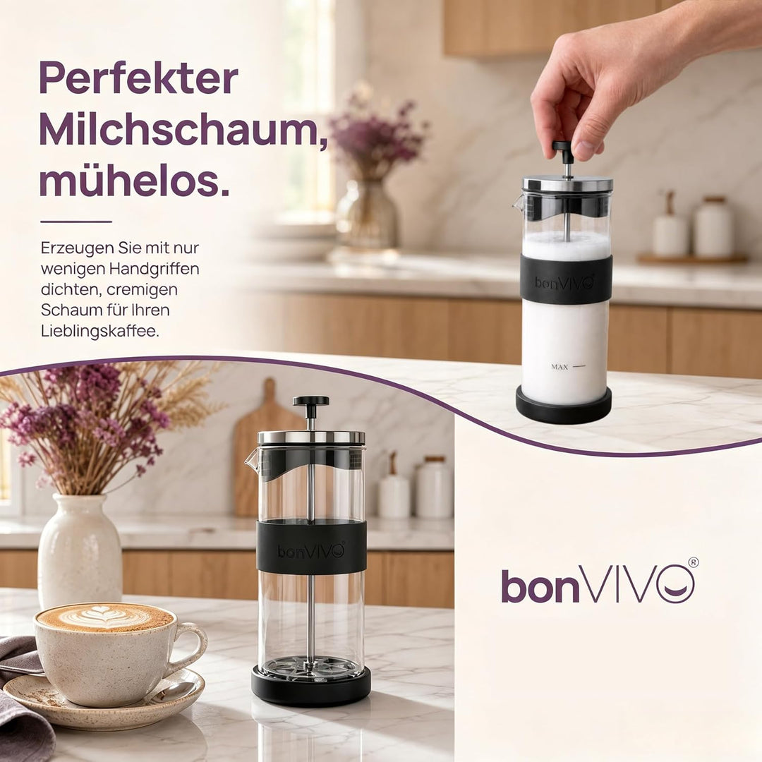 bonVIVO FOMO, Milchaufschäumer Manuell Betrieben, Milchaufschäumer Glas Und Edelstahl, Hand Milchsch