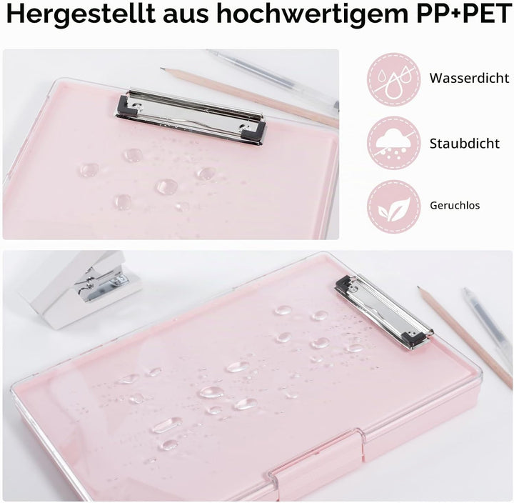 FRETONBA Klemmbrett a4 mit Aufbewahrungsfach, Rosa Kunststoff-Klemmbrett, Leichtes Zwischenablage, T