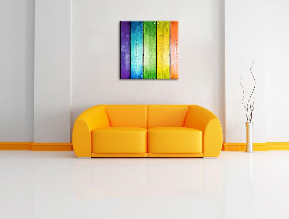 Bunte Zaunslatten, Format: 70x70 auf Leinwand, XXL riesige Bilder fertig gerahmt mit Keilrahmen, Kun