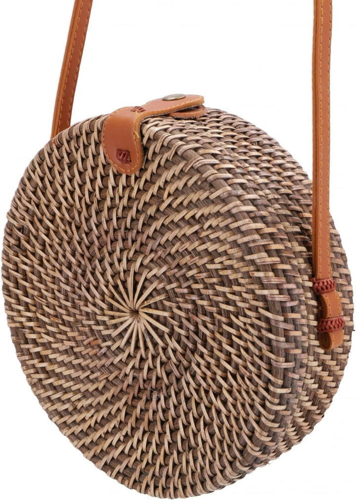 GURU SHOP Geflochtene Handtasche, Korbtasche, Rattantasche, Balitasche Rund - Modell 1, 20x20x7 cm,
