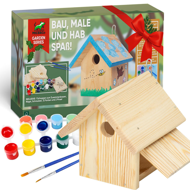 Mice&Co DIY Vogelhaus - Holzvogelhaus zum Bemalen, Nistkasten Bausatz, Montagekit mit Farben, Aussen