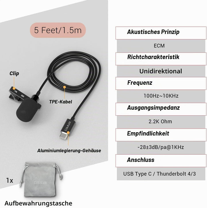 Cubilux Unidirektionales USB C Lavaliermikrofon, Typ C Ansteckmikrofon, kompatibel mit MacBook, iPho