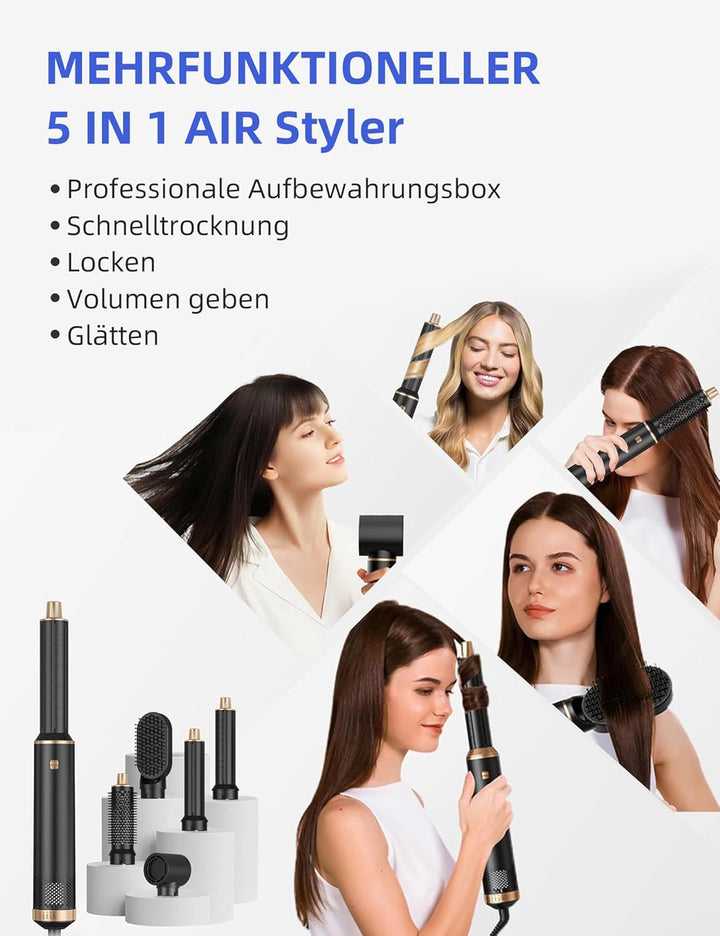Kitgody 5 in 1 Airstyler Warmluftbürste Set mit Automatischem Lockenstab & Rundbürstenföhn - MULTIFU