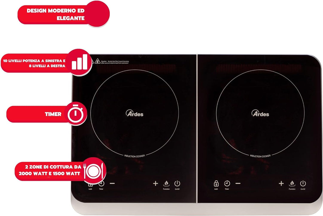 ARDES - Elektroherd mit 2 Induktionsplatten Differenzierte Leistung von 2000 und 1500 Watt Digitalan