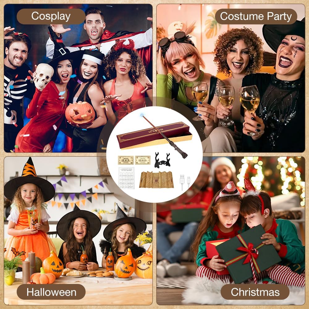 NAVESO 35CM Zauberstab mit Licht, USB Aufladung Zauberstab In Geschenkbox mit Zauberspruchkarte, Bah