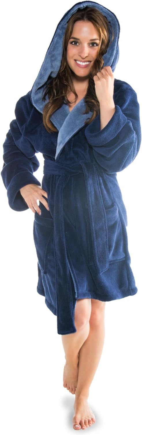 CelinaTex XS-XXXL Bademantel Kapuze zweifarbig kurz aufgesetzte Taschen Damen Mikrofaser Kuschelflee