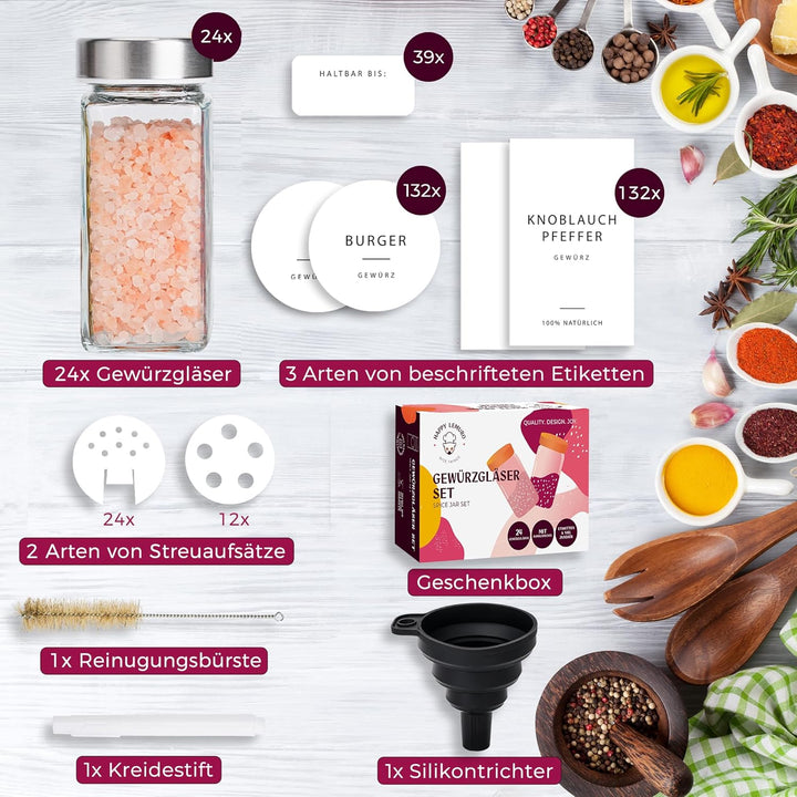 Happy Lemuro 24er Gewürzdosen Set [120ml] 301 Etiketten auf Deutsch | Gewürzgläser mit Streueinsatz,