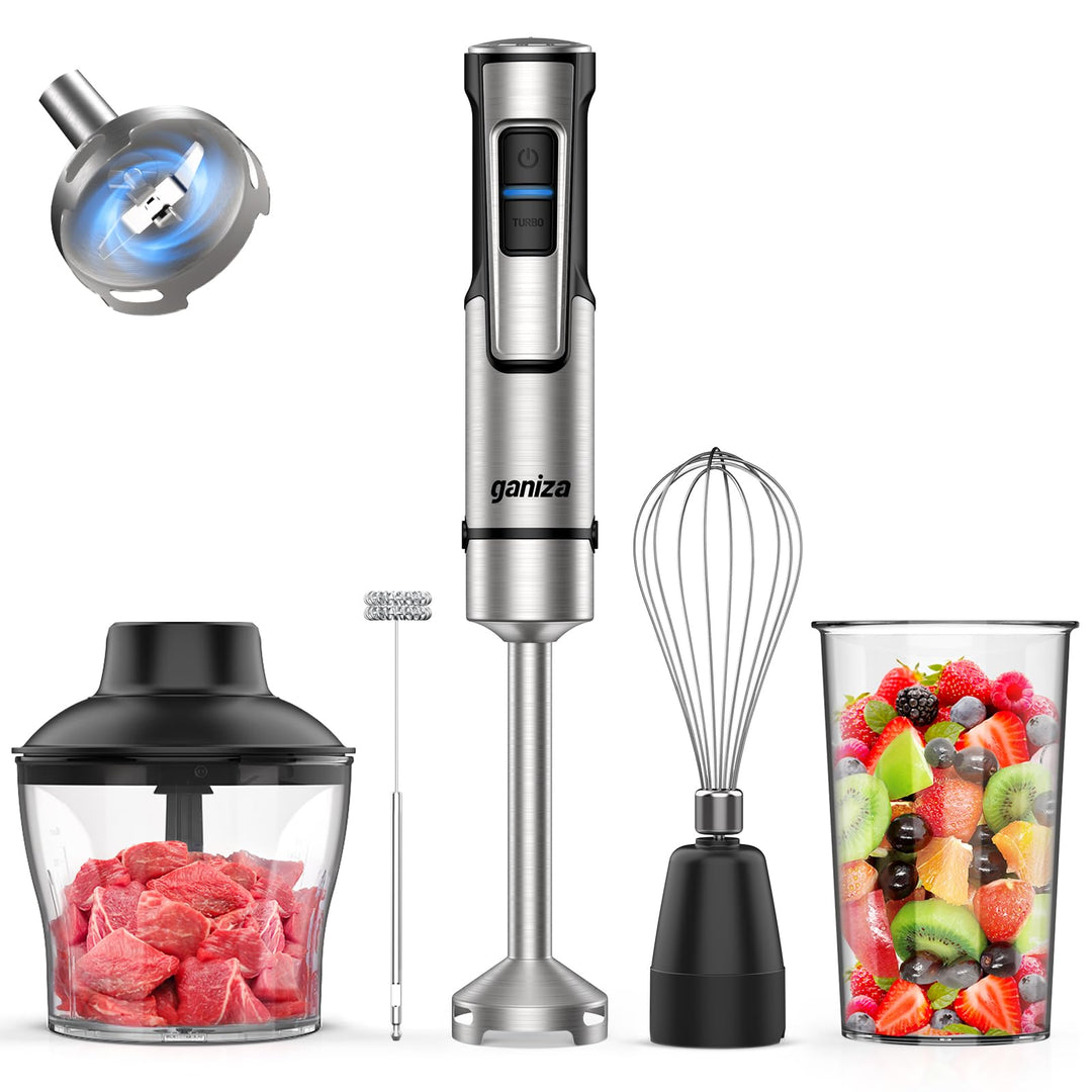 Ganiza Pürierstab 5-en-1, 1200W Stabmixer mit Geschwindigkeitsregelung & Turbo-Modi, Edelstahl Hand