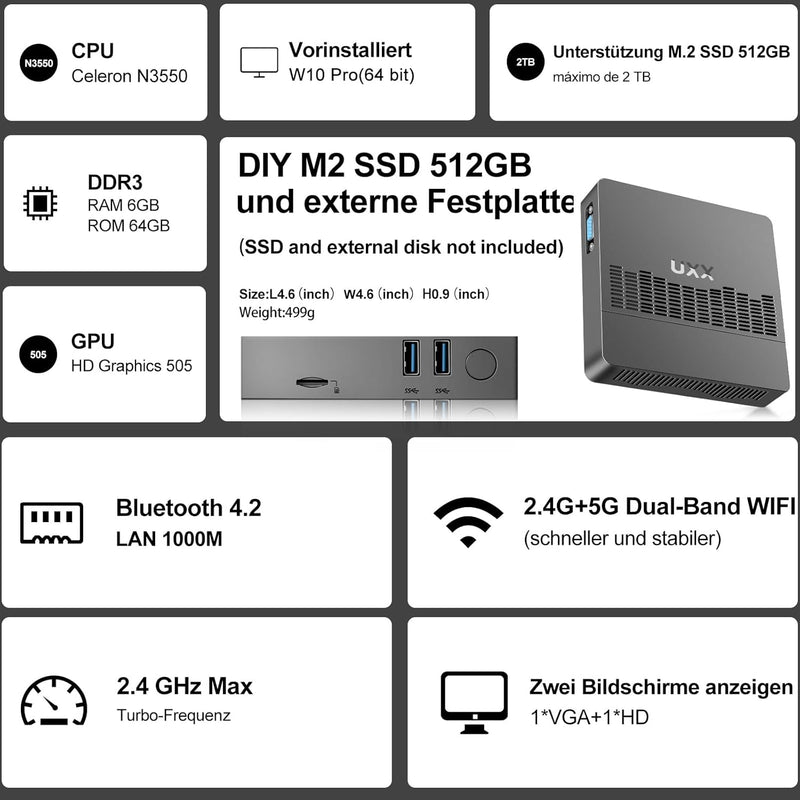 UXX Mini PC Unterstützung 512GB M.2 SSD Erweiterung, N3350 Micro Desktop Computer 64GB eMMC, Gaming