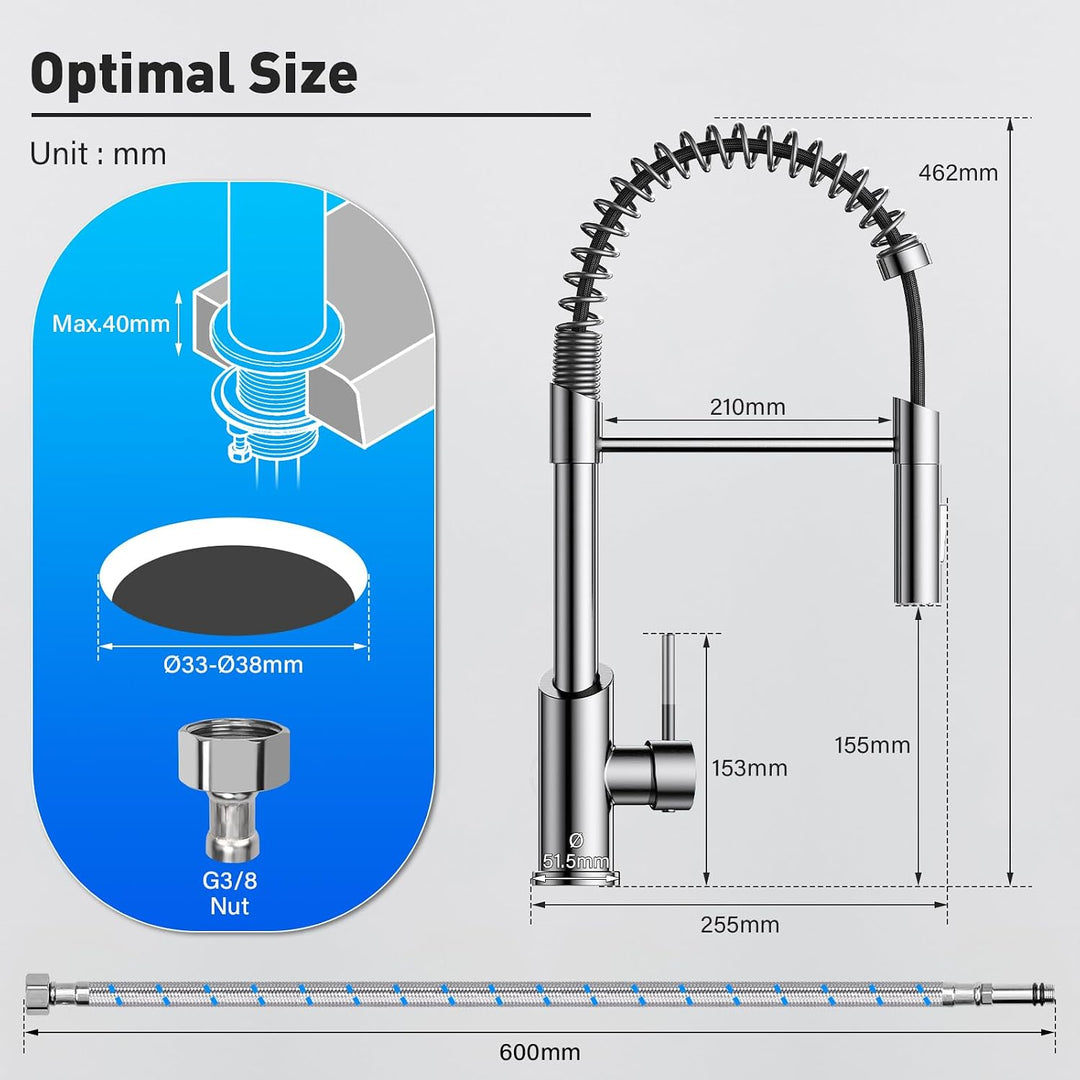 Wasserhahn Küche,Hoher Bogen Hochdruck Küchenarmatur mit Herunterziehen Brause, Spiralfeder Spültisc