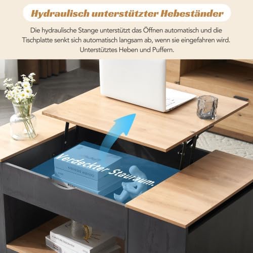 Merax Höhenverstellbarer Couchtisch mit Holzmaserung, Grauer Korpus & Geheime Stauräume, 109cm Kaffe