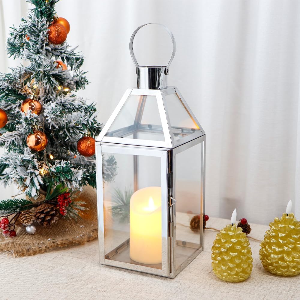 JHY DESIGN Kerzen Laternen, Glas Laternen 34cm Hohe Edelstahl Kerze Windlicht Hängender Kerzenstände