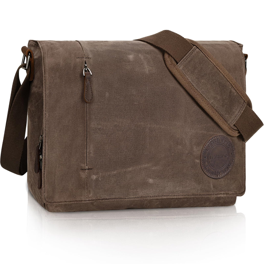 Leathario Umhängetasche Herren 14 Zoll, Messenger Bag aus Echtleder und Geöltem Segeltuch, Arbeitsta
