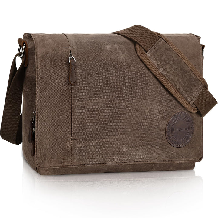 Leathario Umhängetasche Herren 14 Zoll, Messenger Bag aus Echtleder und Geöltem Segeltuch, Arbeitsta