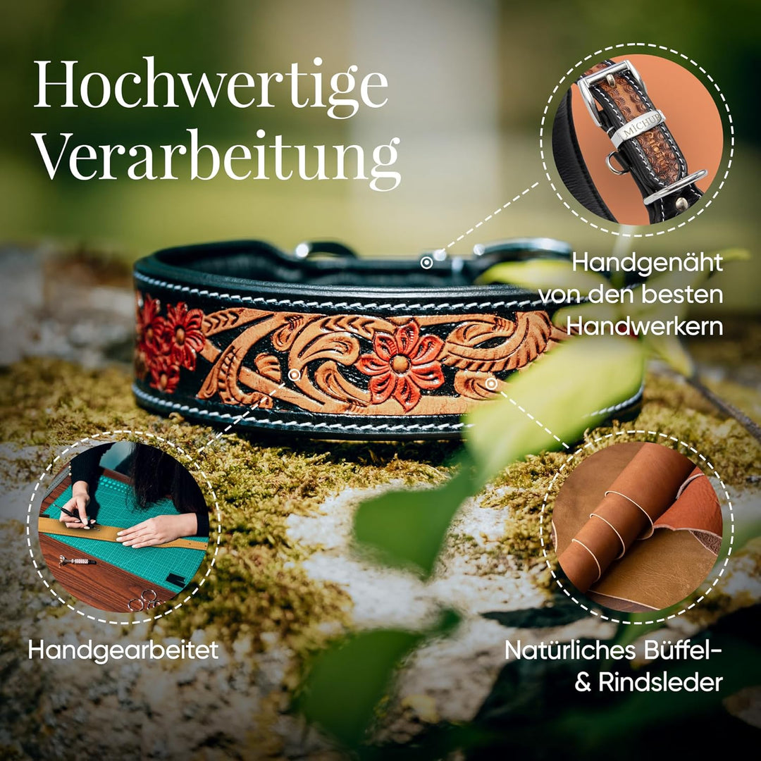 MICHUR Flora Hundehalsband Leder, Lederhalsband Hund, Halsband, SCHWARZ Rot Braun, Leder, mit roten