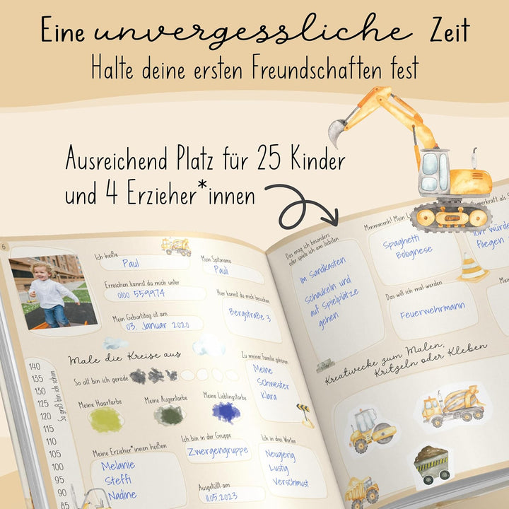 lila liebt dich® Freundebuch Kindergarten Bagger I Kindergarten Freundebuch Jungs - Kindgerecht mit
