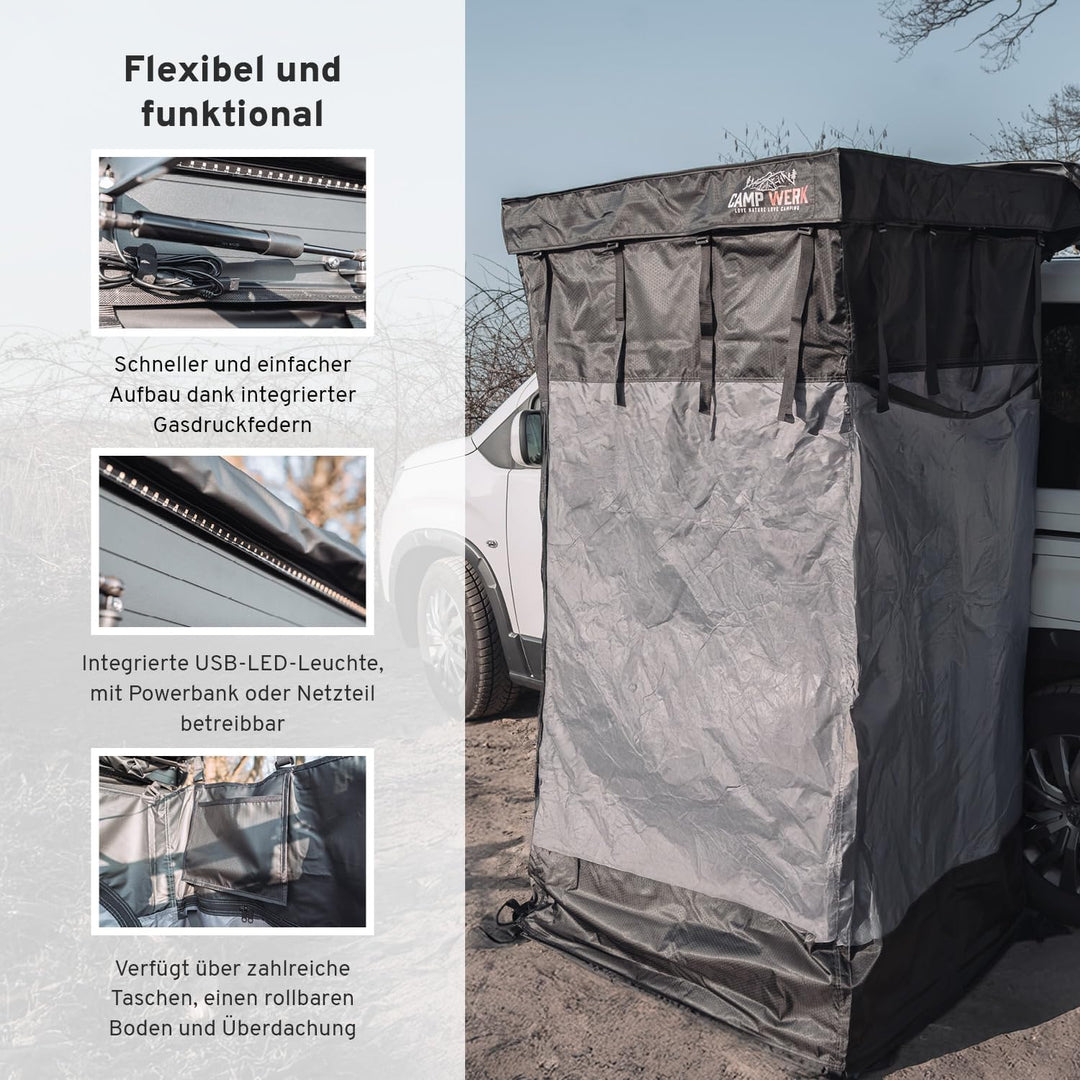 CAMPWERK Duschzelt – Höhenverstellbar (175-215 cm) mit Regenhaube, LED-Beleuchtung – Perfekt für Cam