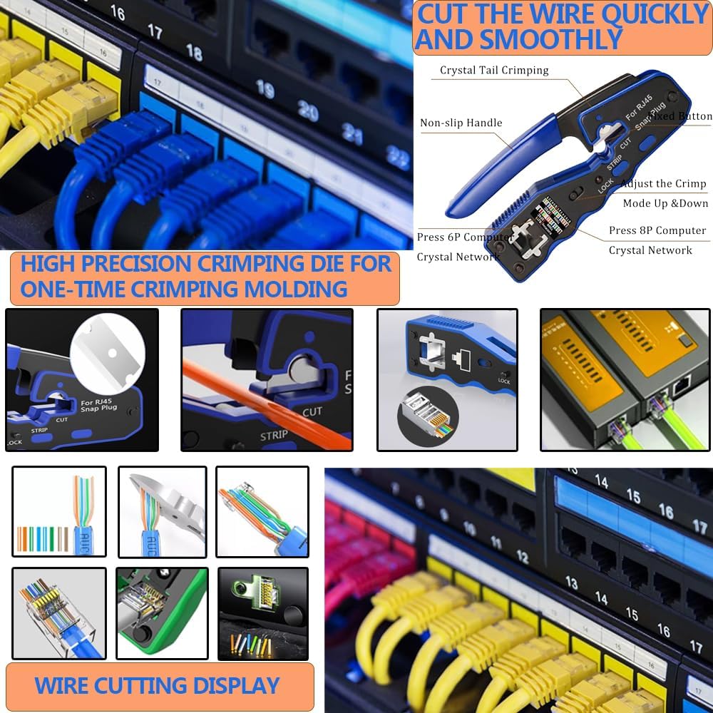 MAYLINEE Crimpzangen Set für RJ45, Durchgangs Crimpver binder für Cat5/Cat5e/Cat6, CAT7 Kabel tester