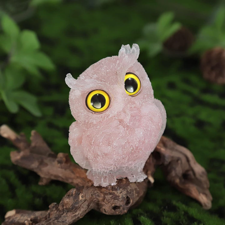 KYEYGWO Rosenquarz Nette Kristall Eule Figur Ornamente, Mini Stein Käuzchen Statuen Harz Tier Skulpt
