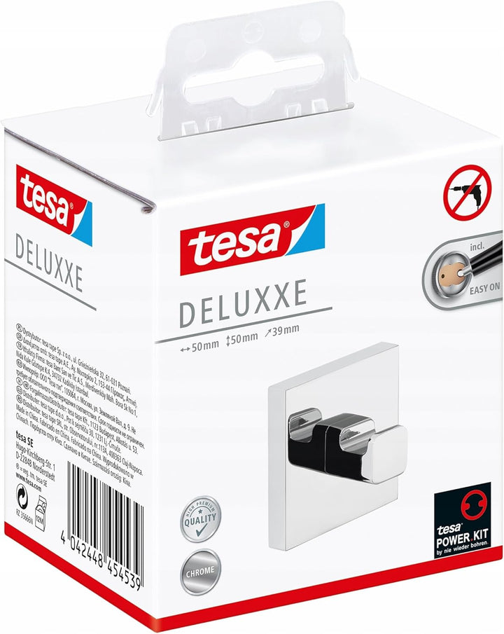 tesa DELUXXE Handtuchhaken, verchromt - Bad-Haken zur Wandbefestigung ohne Bohren, inkl. Klebelösung
