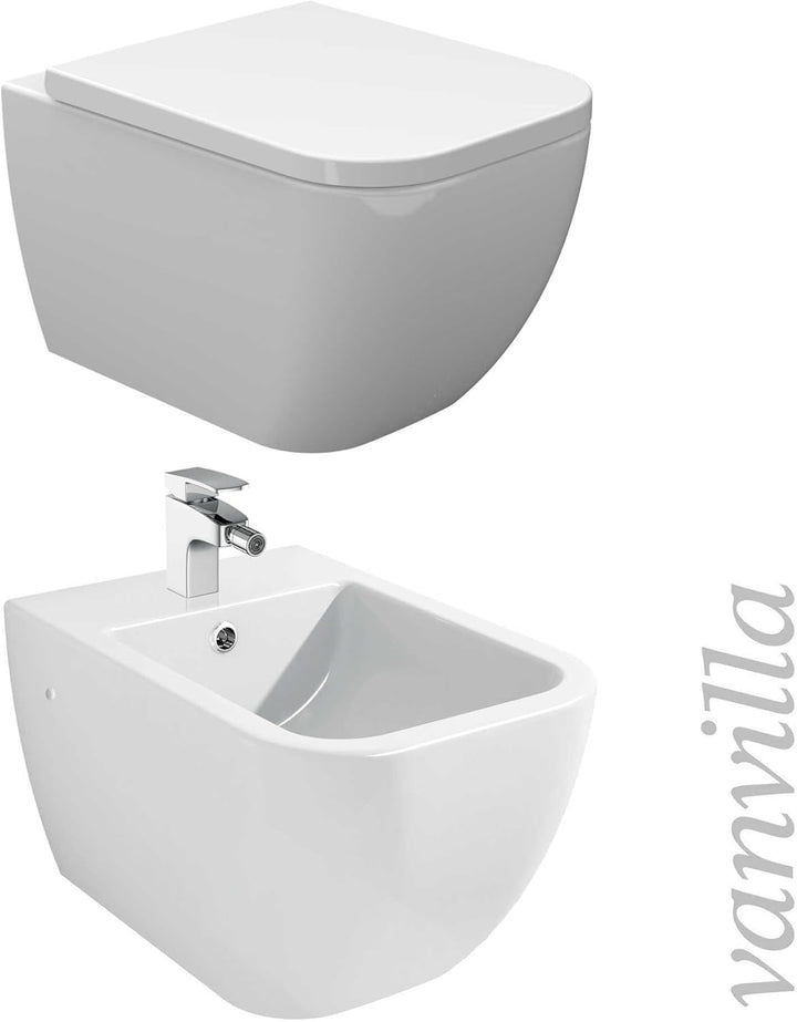 vanvilla Wand Hänge WC Tara Spülrandlos Toilette mit Soft-Close WC-Sitz Hänge Bidet mit Grohe Vorwan