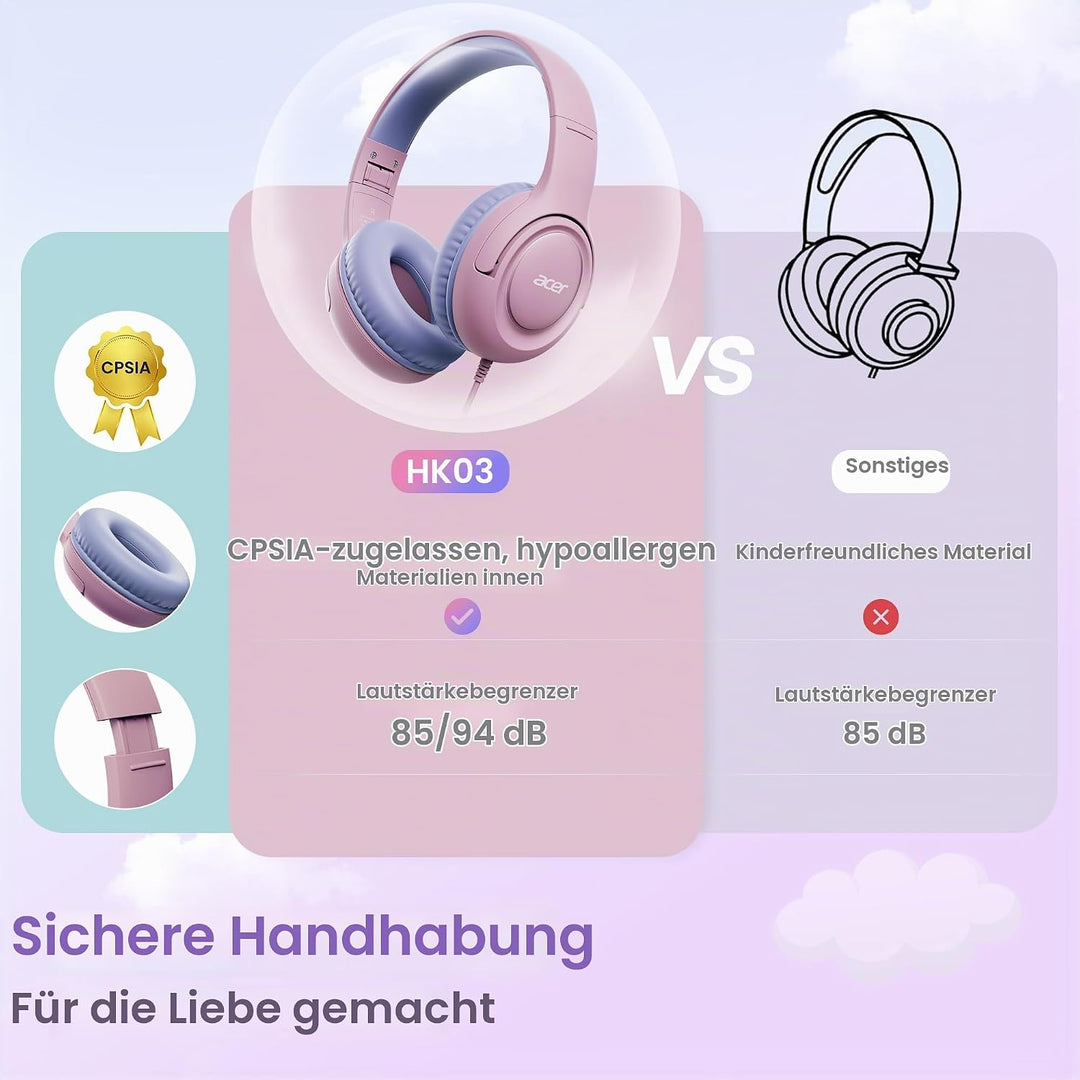 Acer Kopfhörer Kinder mit 3,5 mm Kabel, 85/94dB Lautstärkebegrenzung Hellrosa Lila, Hellrosa Lila