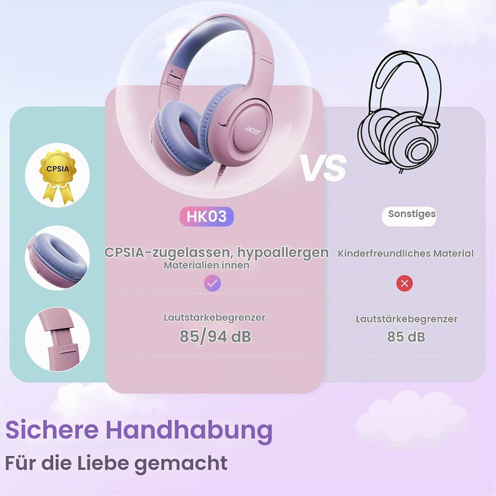Acer Kopfhörer Kinder mit 3,5 mm Kabel, 85/94dB Lautstärkebegrenzung Hellrosa Lila, Hellrosa Lila