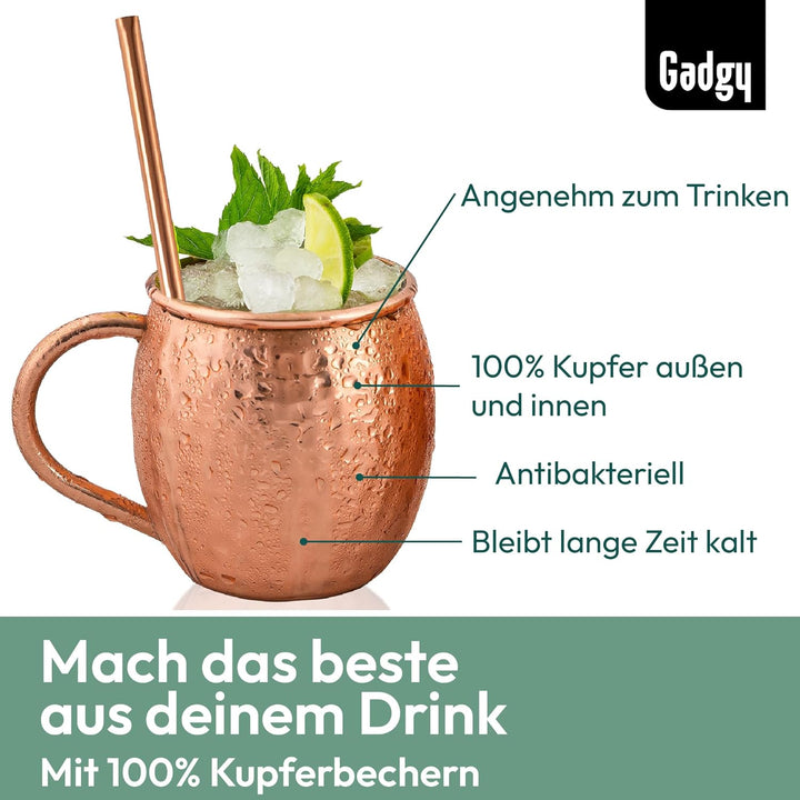 Gadgy Moscow Mule Becher Set aus Kupfer – 2 Handgefertigte Kupferbecher + 2 Strohhalme + Barmass – C