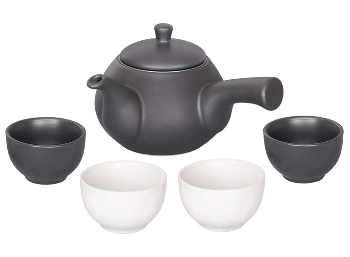 China-Trends Japanisches Teeset: Teekanne 500ml mit seitlichem Griff und 4 Teecups 70ml aus Keramik.