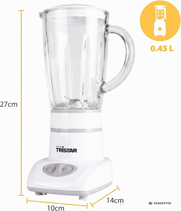 Tristar BL-4431 Mixer – Edelstahlklingen – 2 Geschwindigkeiten - 450 ml Glaskanne - Kompakt