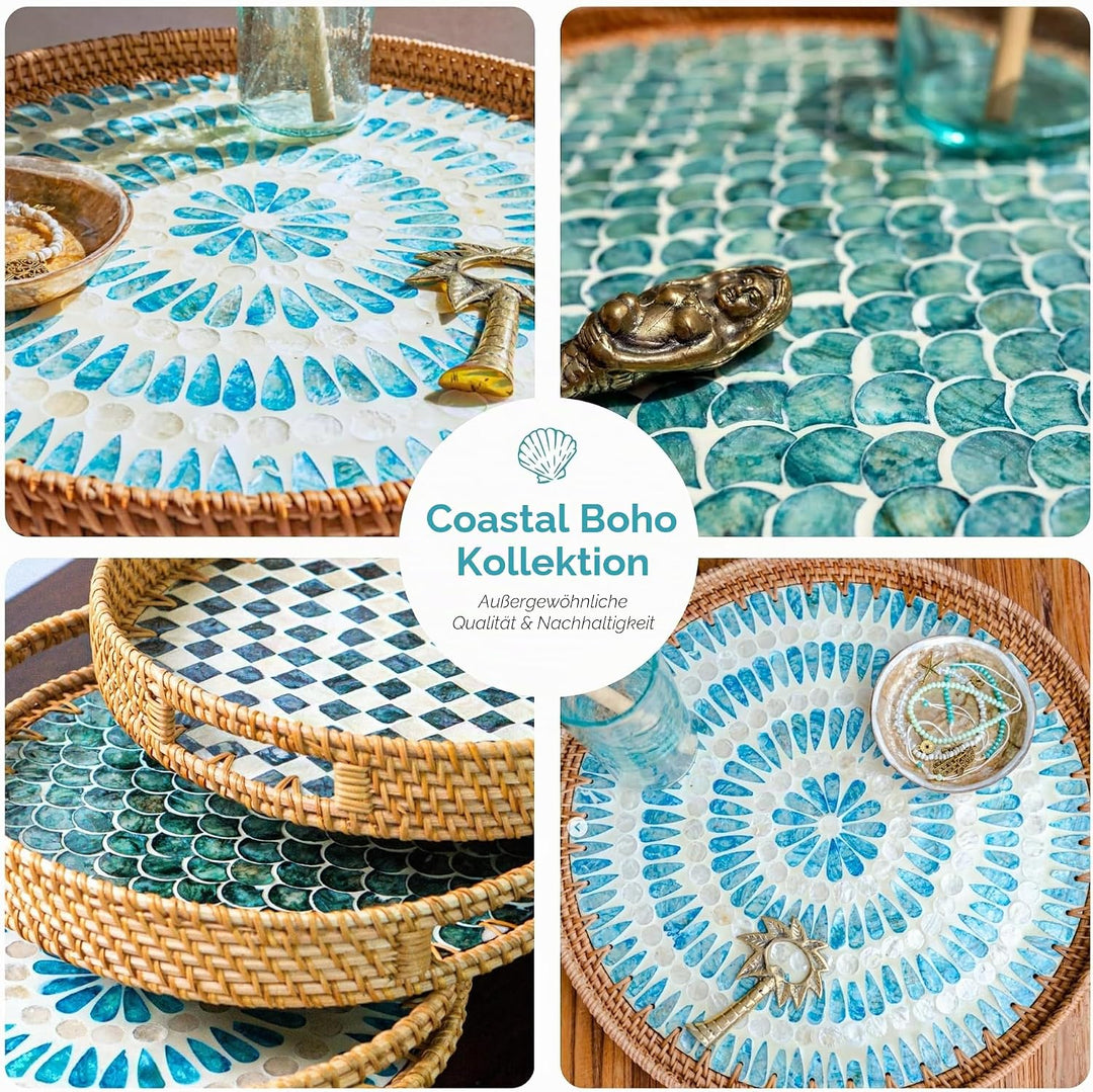 JUNGLE CULTURE Rattan Serviertablett rund 30 cm mit Perlmutt – Cascade • Coastal Boho • Handgefertig