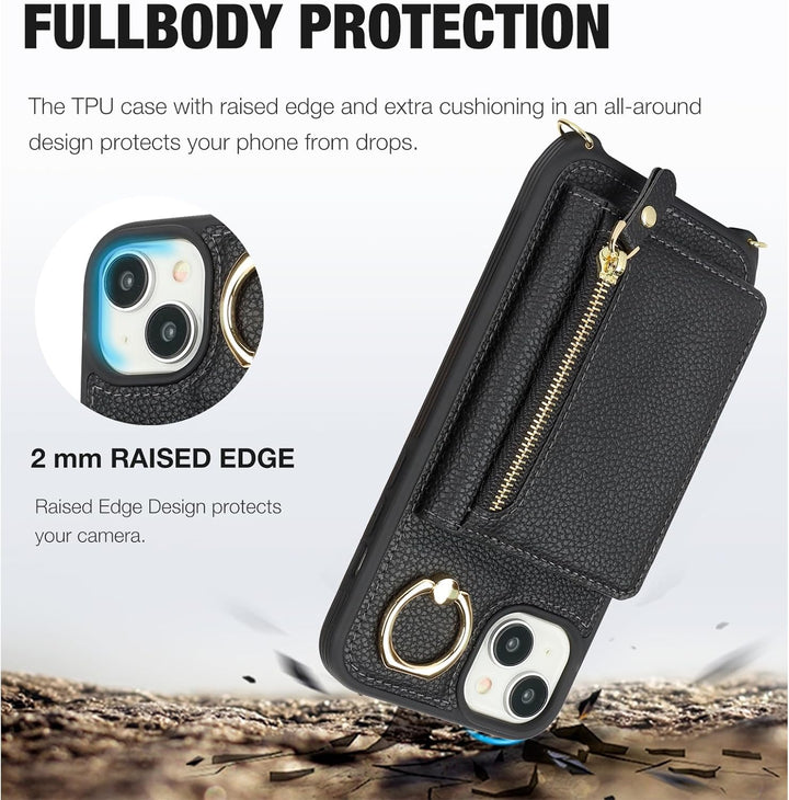 ELTEKER Handyhülle für iPhone 13 Hülle mit Band Kartenfach Handykette Ringhalterung Geldbörse,Leder